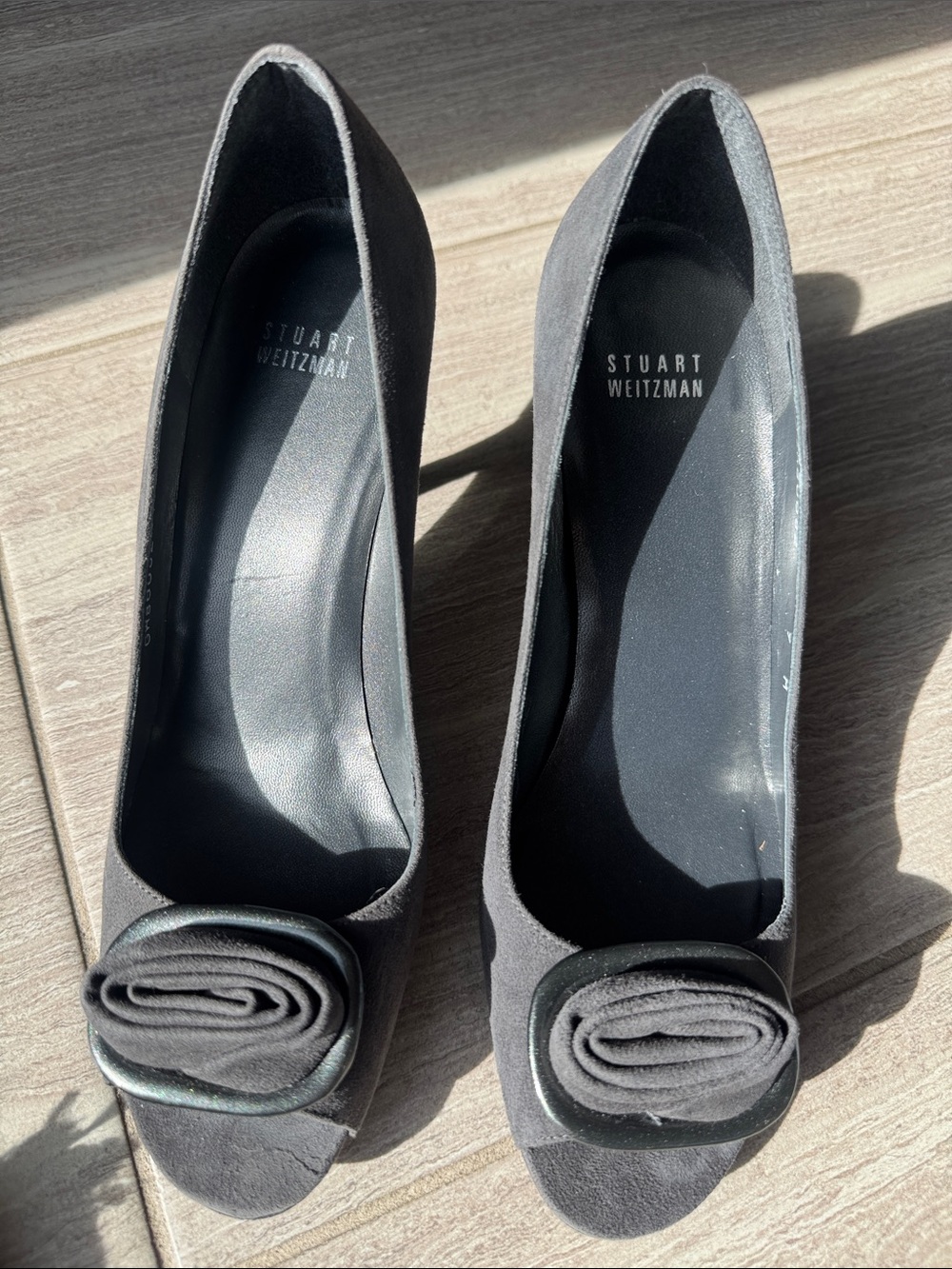 Stuart Weitzman Gray Suede Peep-Toe Pumps with Rosette Detail